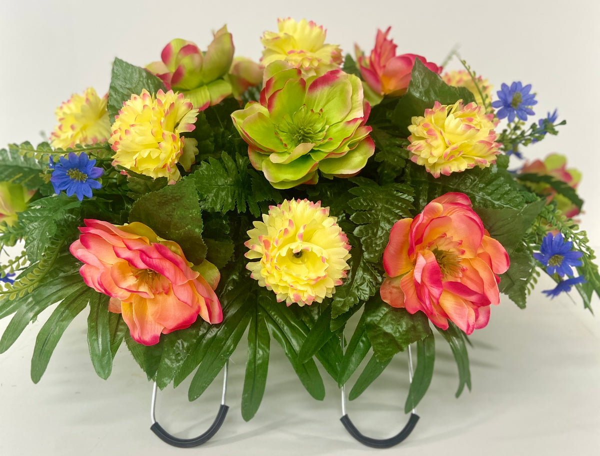 Cemetery Saddle Headstone Decoration with multicolored flowers for Mo