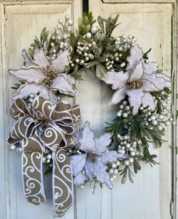 22"-24" Round Front Door Christmas Wreath with Cream Berries, Glittered Mistletoe, White Poinsettias with Gold Glitter Trim