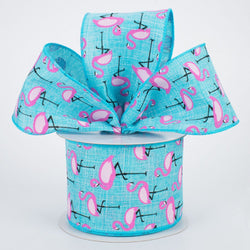2.5"x10yd Pink Flamingo on Teal Wired Edge Ribbon