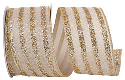 Reliant Glitter Stripes Linen Wired Edge Ribbon, Natural/gold, 2.5"x10yd