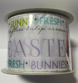 2.5"x10yd Spring Easter Words Print on White Satin Wired Edge Ribbon