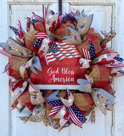 24" Diameter Patriotic Mesh and Ribbon Front Door Wreath for Spring and Summer, Red Truck with Flag Sign insert