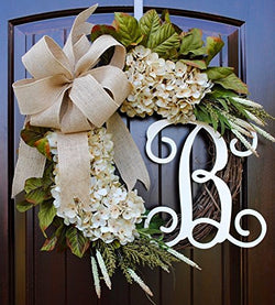 Hydrangea Monogram Initial Wreath with Choice of Bow~Farmhouse Style Made in America