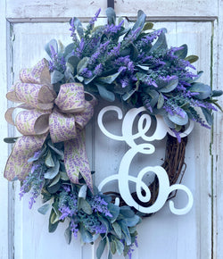 Spring and Summer Front Door Wreath with Monogram Letter Option, Purple Lavender with White Letter