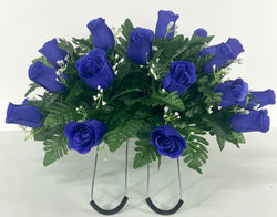 Small Purple Rose Cemetery Flowers Headstone and Grave Decoration-Purple Roses with Baby's Breath Saddle
