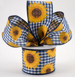 2.5"x50yd Yellow Sunflower on Navy and White Check Wired Edge Ribbon, Large Roll