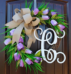 Lavender Tulip Front Door Wreath with Script Monogram for Door Decor-Mother's Day, Easter, Spring