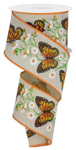 2.5"x10 yd Butterflies & Daisies Wired Edge Ribbon, Orange, Green, White on Natural Background