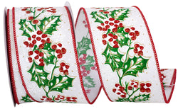 Reliant Holly Snow Wired Edge Ribbon, White, Green, Red 2.5"x10yd