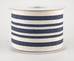 2.5"x10yd French Style Denim Blue on Cream Wired Edge Ticking Ribbon-Vertical Stripe