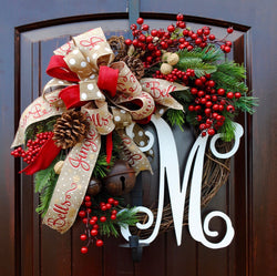 Christmas wreath~farmhouse decor~Sleigh Bells~front door wreath~rustic bell wreath~red berry wreath