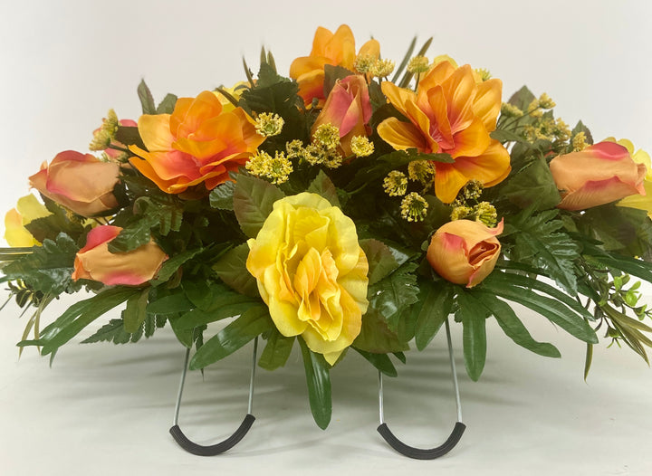 Fall Cemetery Decoration Headstone Saddle Arrangement with Orange Flowers, Open Yellow Roses, & Closed Multicolor Roses