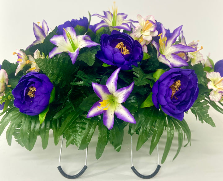 Cemetery Saddle Headstone Decoration with purple peonies and purple and cream lilies for Mother's Day, Father's Day, Valentine's, Spring and Summer