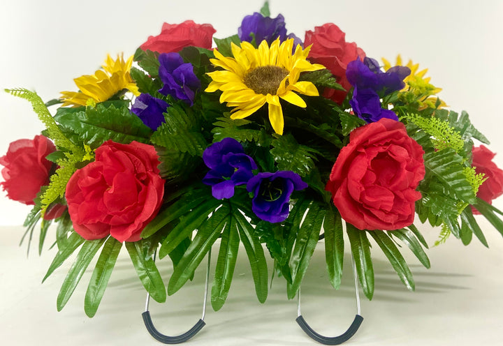 Cemetery Saddle Headstone Decoration Flower Arrangement for Spring and Summer-Red rose, Yellow Sunflower and Purple Iris, Mother's Day