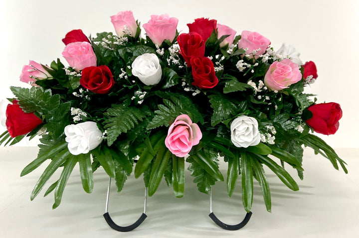 Cemetery Saddle Headstone Decoration with Red, Pink and White Roses for Mother's Day, Father's Day, Valentine's, and Summer