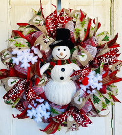 24" Diameter Mesh and Ribbon Front Door Wreath with Plush Knitted Snowman with Top Hat Insert for Christmas and Winter
