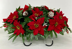 Cemetery Saddle Headstone Decoration for Christmas with Red Poinsettias, frosted pinecones, and ferns, Headstone topper
