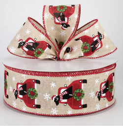 Old Red Vintage Truck with Black Lab Dog Hat Scarf Snowflakes Beige Linen Canvas 2.5" x 50 Yards Wired Ribbon