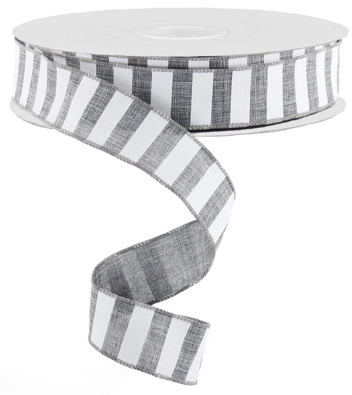 Grey White Striped Fabric Wired Ribbon (1.5 Inches x 50 Yards)