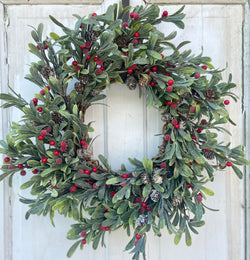 22-24" Diameter Round Glittered Green Mistletoe and Red Berry Front Door Wreath for Christmas and Winter