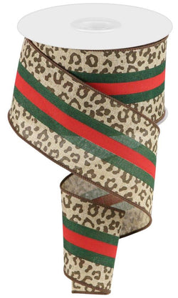 2.5"X10yd Leopard Print with Red and Green Stripe on Royal Wired Edge Ribbon