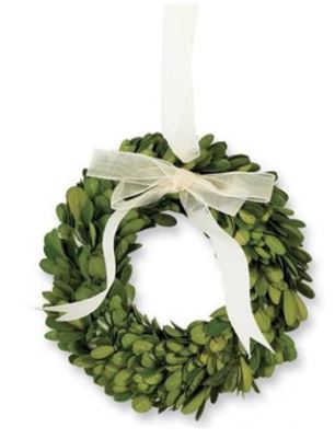 8 Inch Round Preserved Boxwood Wreath with Sheer Cream Ribbon