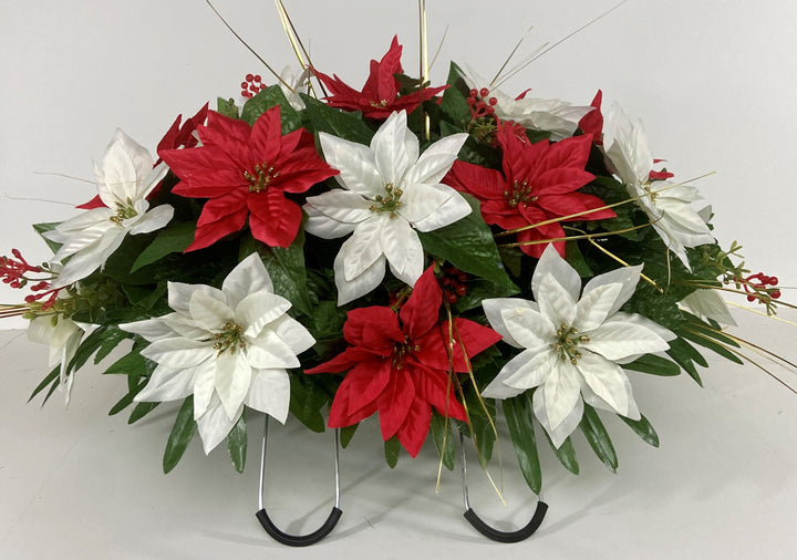 Red and White Poinsettia Christmas Cemetery Headstone Flower Saddle Arrangement for Grave Decoration