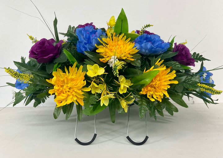 Cemetery Headstone Saddle Arrangement with Purple Roses, Blue Peonies, Yellow Spider Lilies, Grave Decoration, Tombstone Flowers, Mourning