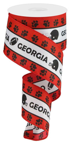 2.5" x 10 yd Red, Black, White Georgia Print Wired Ribbon Footballs Helmets and Paws