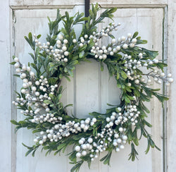 22-24" Diameter Round Glittered Green Mistletoe and White Berry Front Door Wreath for Christmas and Winter