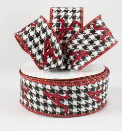 1.5"X10yd Houndstooth Red Glitter "A" Alabama Wired Ribbon-Crimson, Black and White