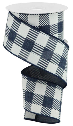 Large Striped Check Wired Edge Ribbon - 10 Yards (Navy Blue, 2.5 Inches)