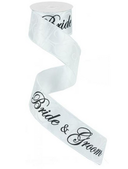 2.5" x10yd Black/White Wired Bride & Groom Ribbon