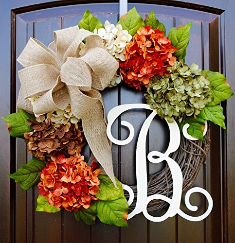 Hydrangea Wreath with Monogram Letter Option made of Orange, Green, Cream, and Brown Hydrangeas with Three Bow Options on Grapevine Base
