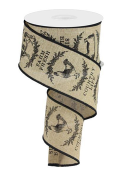 2.5" Farm House Animals Ribbon: Beige & Black (10 Yards) Chicken Cow Rooster