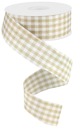1.5"X50yd Gingham Check-White and Beige-Wired Edge Ribbon