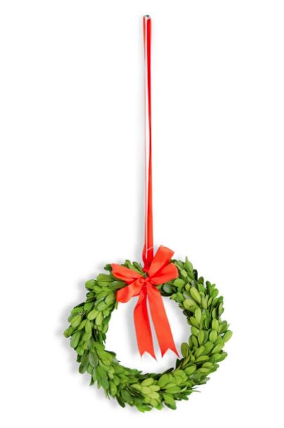 8 Inch Round Preserved Boxwood Wreath with Red Ribbon