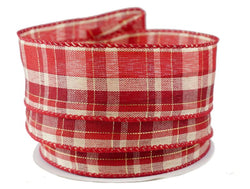 Christmas Plaid Red & White Linen Wired Ribbon #9-1.5" x 10 Yards