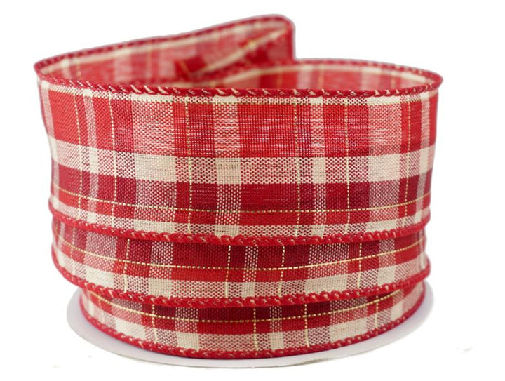 Christmas Plaid Red & White Linen Wired Ribbon #9-1.5