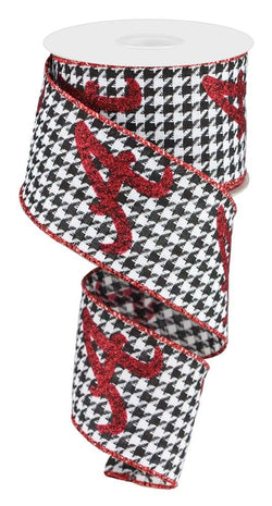 2.5"X10yd Houndstooth Red Glitter "A" Alabama Wired Ribbon-Crimson