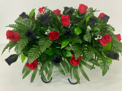 Cemetery Headstone Saddle Flower Arrangement in Red and Black Roses-Grave Marker Decoration, Sympathy Flowers
