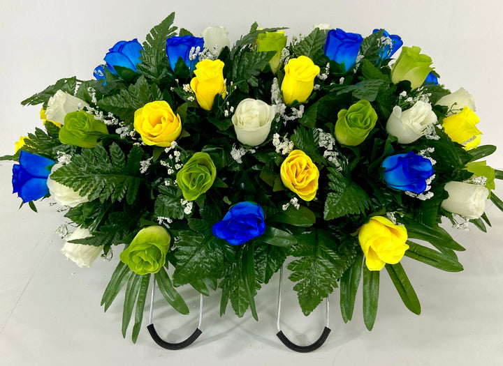 Cemetery Headstone Saddle Flowers for Grave Decoration, Blue, Green, and Yellow Roses with baby's Breath, Sympathy Memorial Arrangement