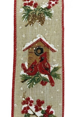 Red Cardinal with Snowy Birdhouse, Holly, and Gold Glitter-2.5" x 10 yd Wired Edge Ribbon