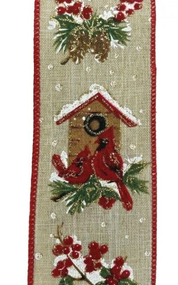 Red Cardinal with Snowy Birdhouse, Holly, and Gold Glitter-2.5