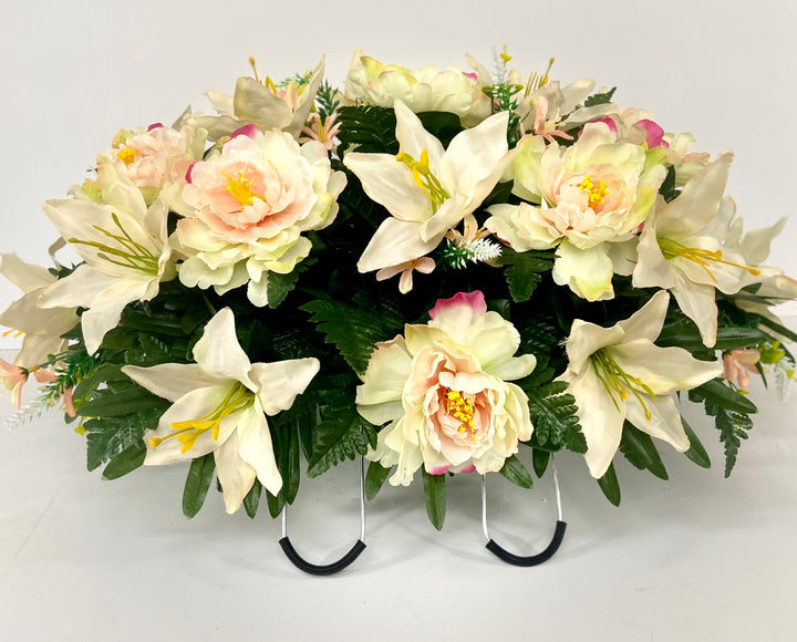 Cemetery Saddle Headstone Decoration with White Lilies and Gardenias and light Pink Accents, Grave Decor
