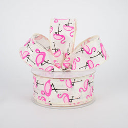 1.5"x10yd Pink Flamingo on Cream Wired Edge Ribbon