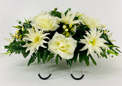 Cemetery Headstone Saddle Decoration with Antique White Roses and Lilies, Green Fern, and Palm-Grave Decoration, Sympathy Flowers, Memorial