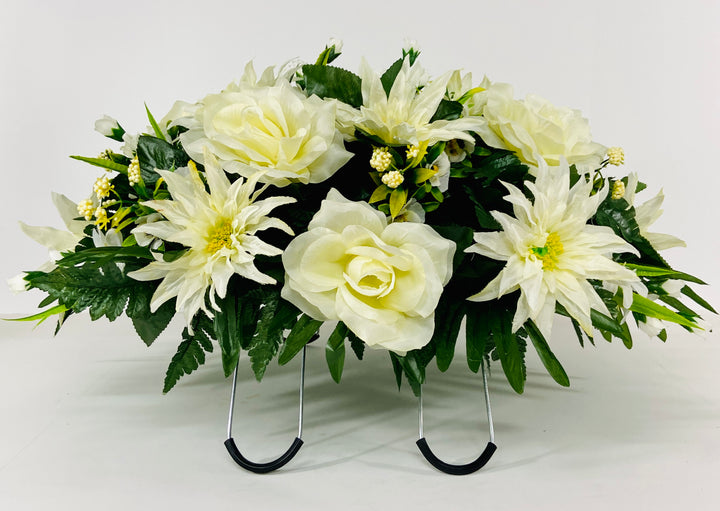 Cemetery Headstone Saddle Decoration with Antique White Roses and Lilies, Green Fern, and Palm-Grave Decoration, Sympathy Flowers, Memorial
