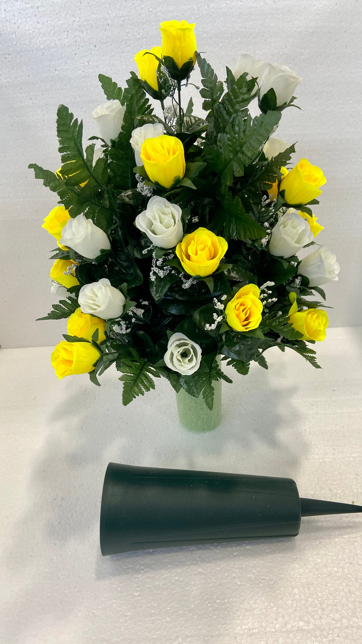 Yellow and White Roses with Baby's Breath Cemetery Vase Filler/Cone With Green Cone Spike