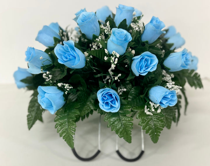 Small Baby Blue Rose Spring Cemetery Flowers for Headstone and Grave Decoration-Light Blue Roses with Baby's Breath Saddle